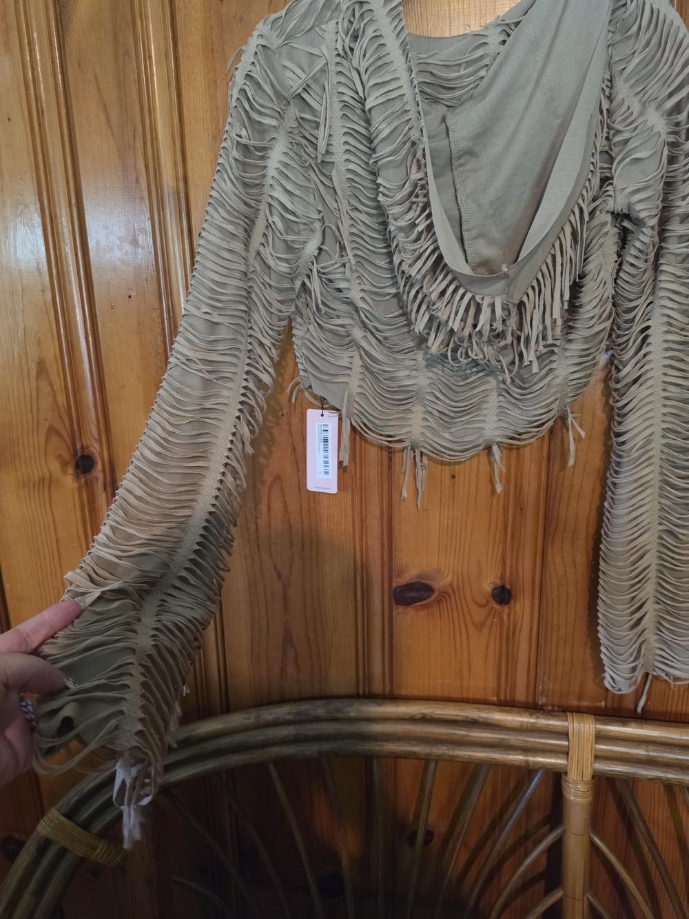 Women's Beige Hooded Fringe Knit Hoodie - Picture 10 of 16